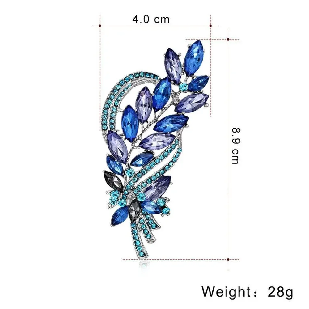Elegant Blue & Purple Prong Set Rhinestones Large Leaf Brooch Swirl Sparkle